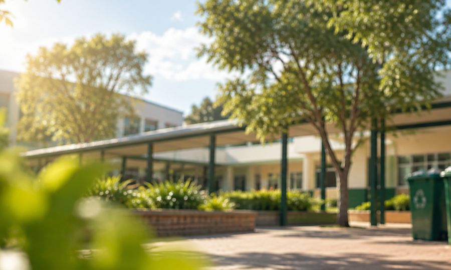 School buildings and trees on a sunny campus