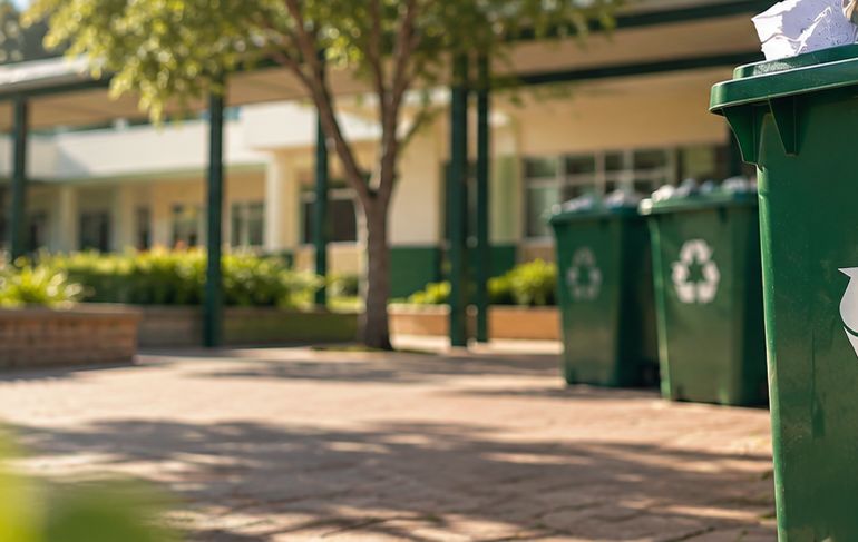 Recycling bins along a school walkway